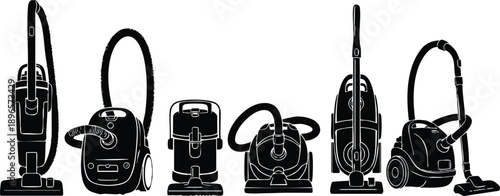 Minimalist vector art row of six vacuum cleaners with hoses and nozzles front view including upright and canister models on white background with black silhouette lighting
