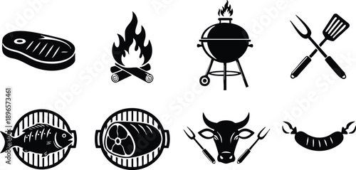 Minimalist black barbecue icon set showing close up steak flame grill utensils fish ham cow head sausage on white background flat vector simple silhouette isolated bold