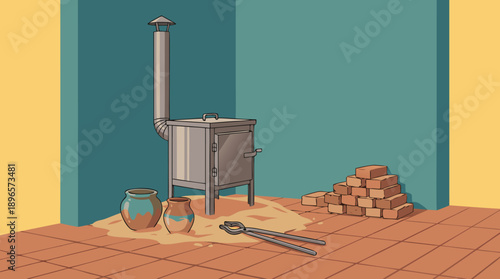 Wood-burning stove with firewood and tools in a rustic room.