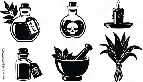 Black and white vector art of herbal elixir bottle with tag skull poison bottle mortar with leaves and pestle bundle of herbs and candle on plate minimalist icons