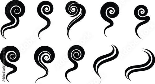 Collection of black spiral smoke shapes with curved tails in various styles and thicknesses isolated on white background minimal vector art for design and decoration ideas