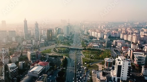 2 Clips: Aerial view of Istanbul, Turkiye. Drone footage of foggy Maslak district. City traffic at rush hour. Color graded + untouched.
