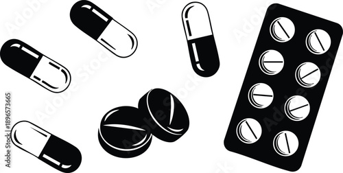 Minimalist black and white flat design of capsules pills and blister pack medicine on white background vector illustration health concept
