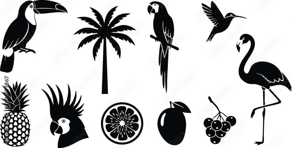 Naklejka premium Black silhouette vector art of tropical birds flamingo hummingbird toucan cockatoo parrot with palm tree pineapple mango grapefruit and grape bunch collection