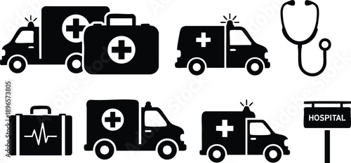 Black medical icons set includes ambulance vehicles first aid kits stethoscope hospital sign emergency health care symbols in simple flat design style