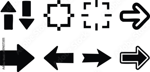 Black silhouette arrow icons collection including up down left right directional symbols and focus target shapes in simple minimal vector art style