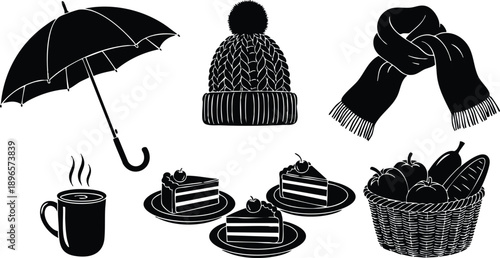 Black silhouette vector art of umbrella hat scarf steaming cup three slices cake on plates and basket full of fresh fruits and vegetables simple iconic design