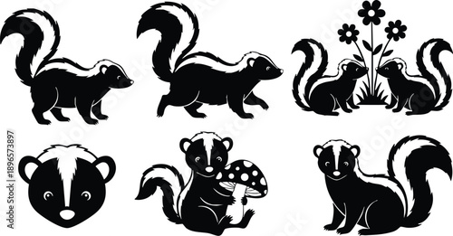 Black and white vector art set of cute skunks in various poses including standing walking sitting holding mushroom and facing flowers in minimalistic style illustration