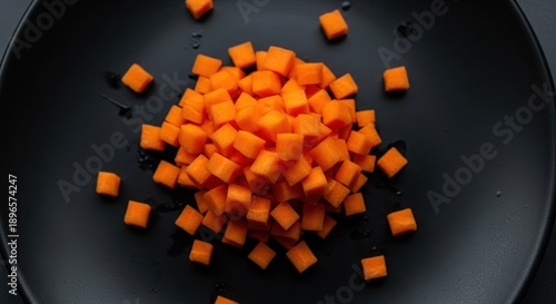 Fresh Diced Orange Carrots Piled on a Minimalist Black Plate, Top View Healthy Food Concept