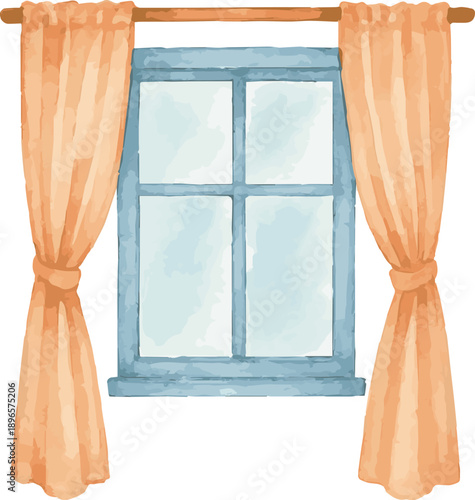 Vector watercolor illustration of a window with fluffy curtains
