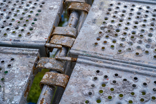 Close-up of Industrial Scaffolding Platforms and Connections