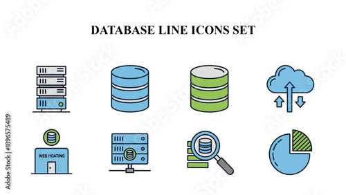 Collection of digital icons illustrating crucial concepts related to server infrastructure, data management, web hosting, and cloud computing services.