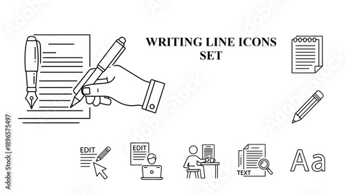 Minimalist outline icons representing various communication and design tools such as a megaphone and editing instruments set against black.