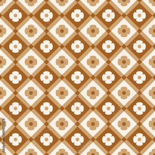 Seamless vector pattern with retro floral motifs inside diamond shapes. Warm brown and beige tones inspired by mid century and seventies textile design. Perfect for wallpaper and fabric