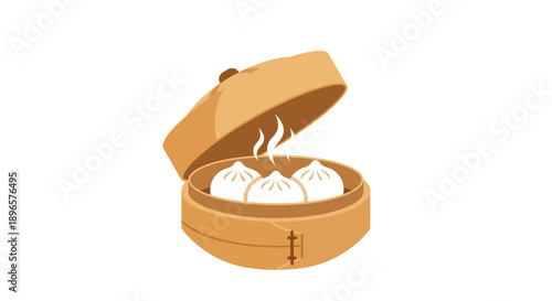 Steamed Buns in Bamboo Steamer Basket.