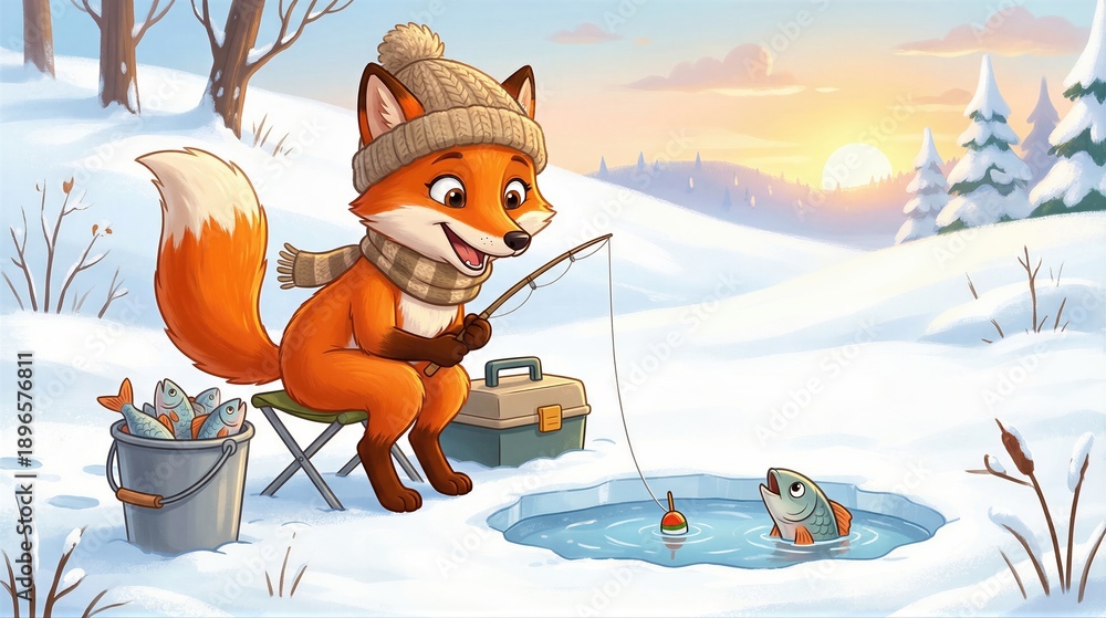 Fototapeta premium Cartoon fox character ice fishing on a snowy lake with a bucket of fish, cheerful winter outdoor activity.