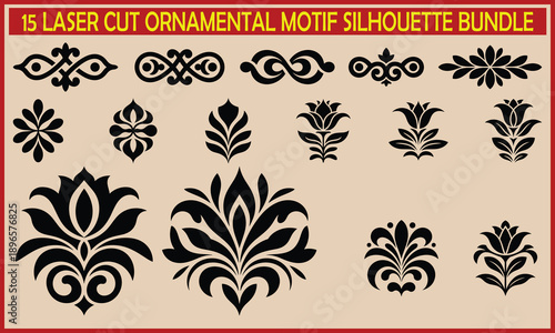 15 Laser Cut Ornamental Motif Silhouette Bundle with Floral and Damask Elements for CNC