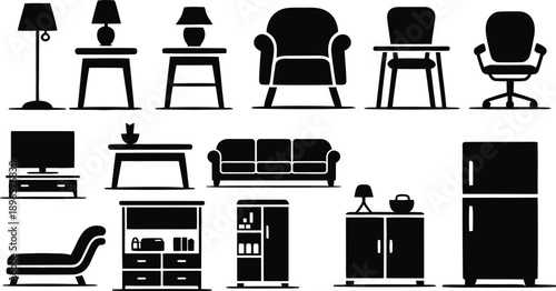 Black Silhouette Icons of Household Furniture and Appliances