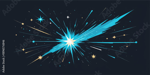 A glowing vector illustration of bright Christmas fireworks and sparkling magic stars exploding against a dark night sky for a New Year holiday celebration