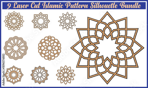 9 Laser Cut Islamic Pattern Silhouette Bundle with Geometric Rosette and Mandala Designs