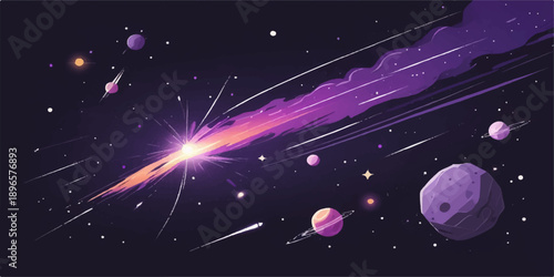 An abstract vector illustration of the bright glowing solar system and a red planet orbiting a blue earth amidst a dark night sky filled with stars and a light galaxy explosion