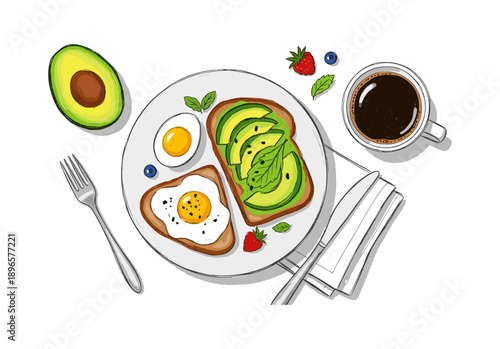 Hand drawn breakfast with avocado toast, coffee, and eggs