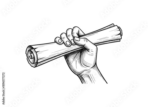 Hand holding rolled paper in vintage engraving style