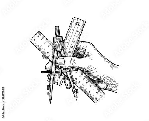Hand holding compass and rulers drawing - black and white sketch of measurement tools for design and engineering