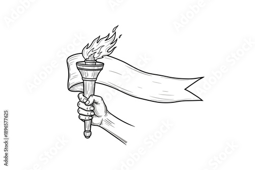 Hand holding torch with flame and banner in detailed line art style