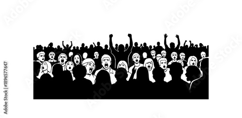 Black and white silhouette of a crowd cheering with raised hands