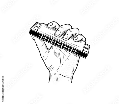 Hand holding harmonica in detailed sketch style for musical projects