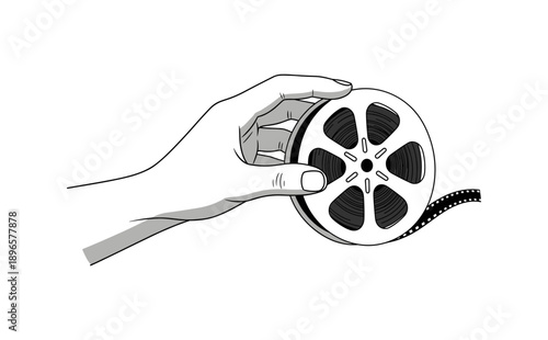 Hand holding vintage film reel in black and white line art style