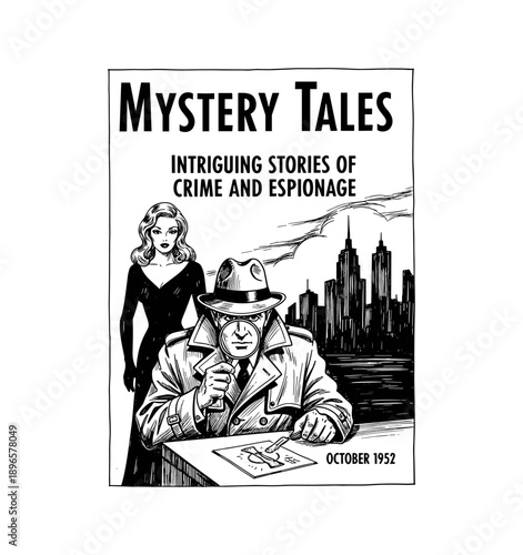 Vintage detective mystery cover with noir aesthetic and dramatic cityscape