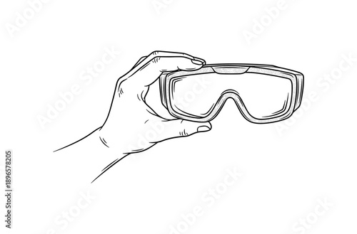 Hand holding ski goggles in detailed vintage style sketch