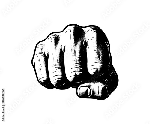 Detailed black and white fist in retro engraving style