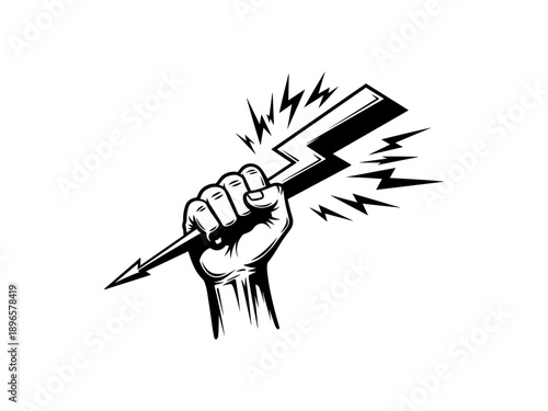 Graphic of hand holding lightning bolt in dynamic black and white style
