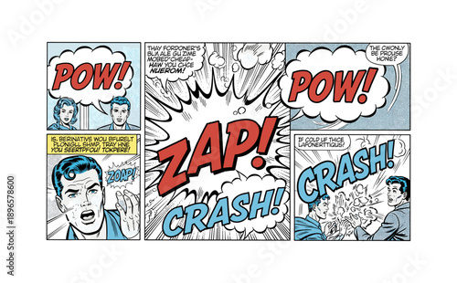 Dynamic comic art with explosive pow zap crash text bubbles in classic pop art style