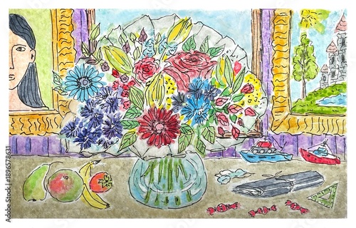 Bouquet of flowers in a vase , watercolor postcard illustration