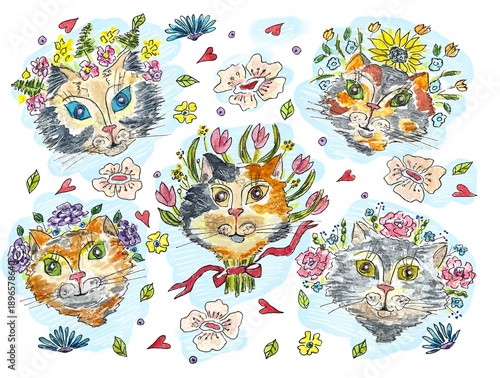  Cats with flowers, watercolor postcard illustration