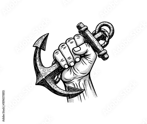Vintage nautical design with hand holding anchor rope