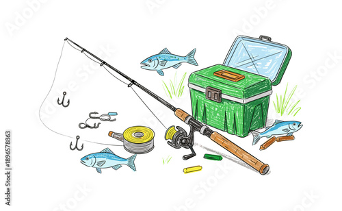 Fishing equipment with tackle box and fish sketch on white background