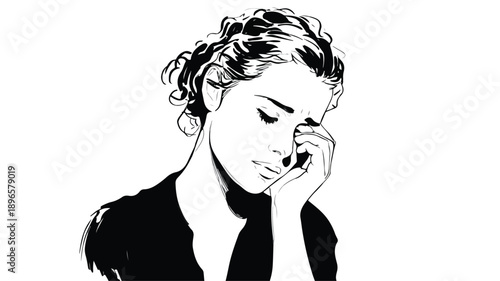 Lonely Depressed Woman Weeping in Sadness and Anxiety Vector