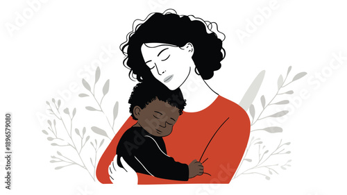Affectionate Mother Embracing Black Baby Girl for Adoption Isolated on White Background