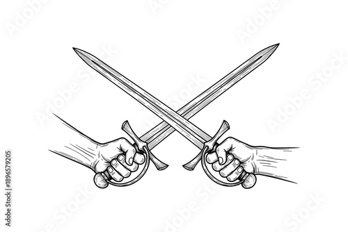 Crossed swords in hands drawing: detailed line art of traditional combat