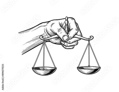 Hand holding balance scales in vintage engraving style