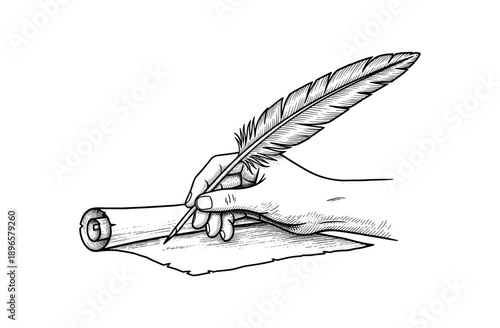 Handwriting with quill pen on scroll in vintage sketch style