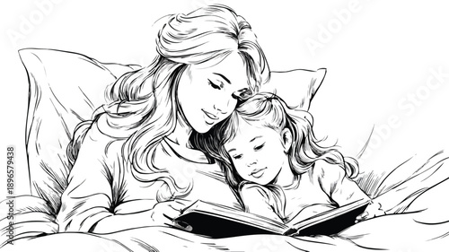 Mother Reading Bedtime Fairy Story to Kid Vector with Outline