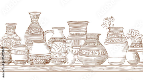 Pottery Line Art Design Concept Vector with Outline Isolated