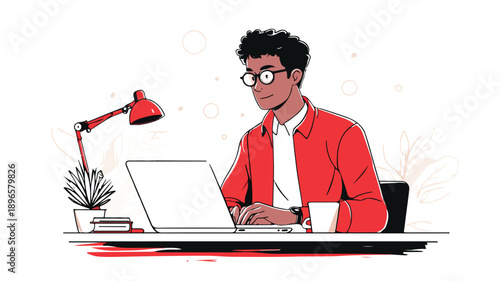 Focused Businessman Typing on Laptop - Vector Illustration for Professionals