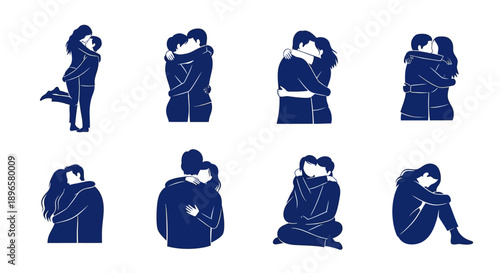 Couple embracing in various tender poses and intimate moments illustrated in a minimalist style